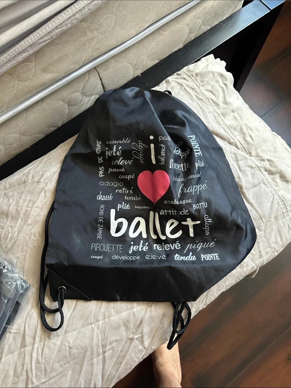 New in plastic Ballet Drawstring Gym Bag - Black with Pink Heart lightweight